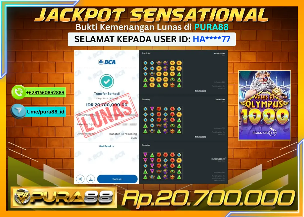 PURA88 JACKPOT GATES OF OLYMPUS 1000 Rp 20.700.000,- LUNAS